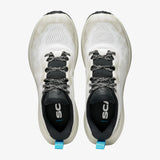 A pair of white and black running shoes shown from a top-down view on a light gray background. The shoes feature black and white laces, a black interior lining with the brand logo, and small blue pull tabs at the heel. - SCARPA Golden Gate LT (Men's) - White/Azure
