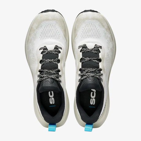 A pair of white and black running shoes shown from a top-down view on a light gray background. The shoes feature black and white laces, a black interior lining with the brand logo, and small blue pull tabs at the heel. - SCARPA Golden Gate LT (Men's) - White/Azure
