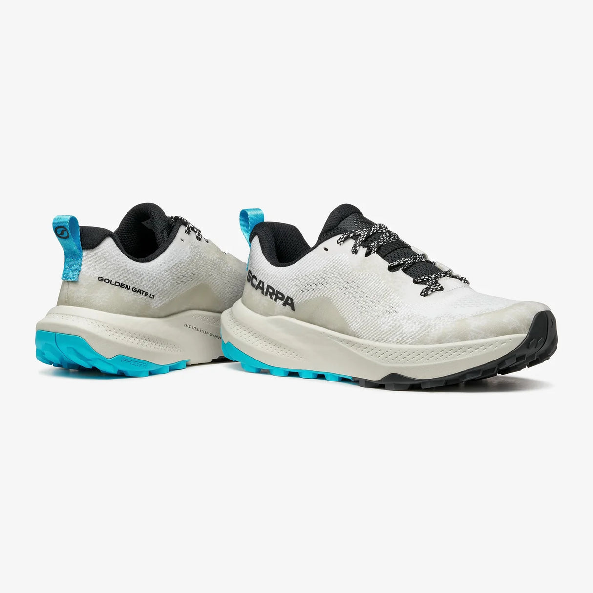 Pair of white and gray hiking shoes with blue accents on a white background - SCARPA Golden Gate LT (Men's) - White/Azure