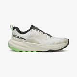 White running shoe with black and green accents on a white background - SCARPA Golden Gate LT (Women's) - White/Bright Aloe