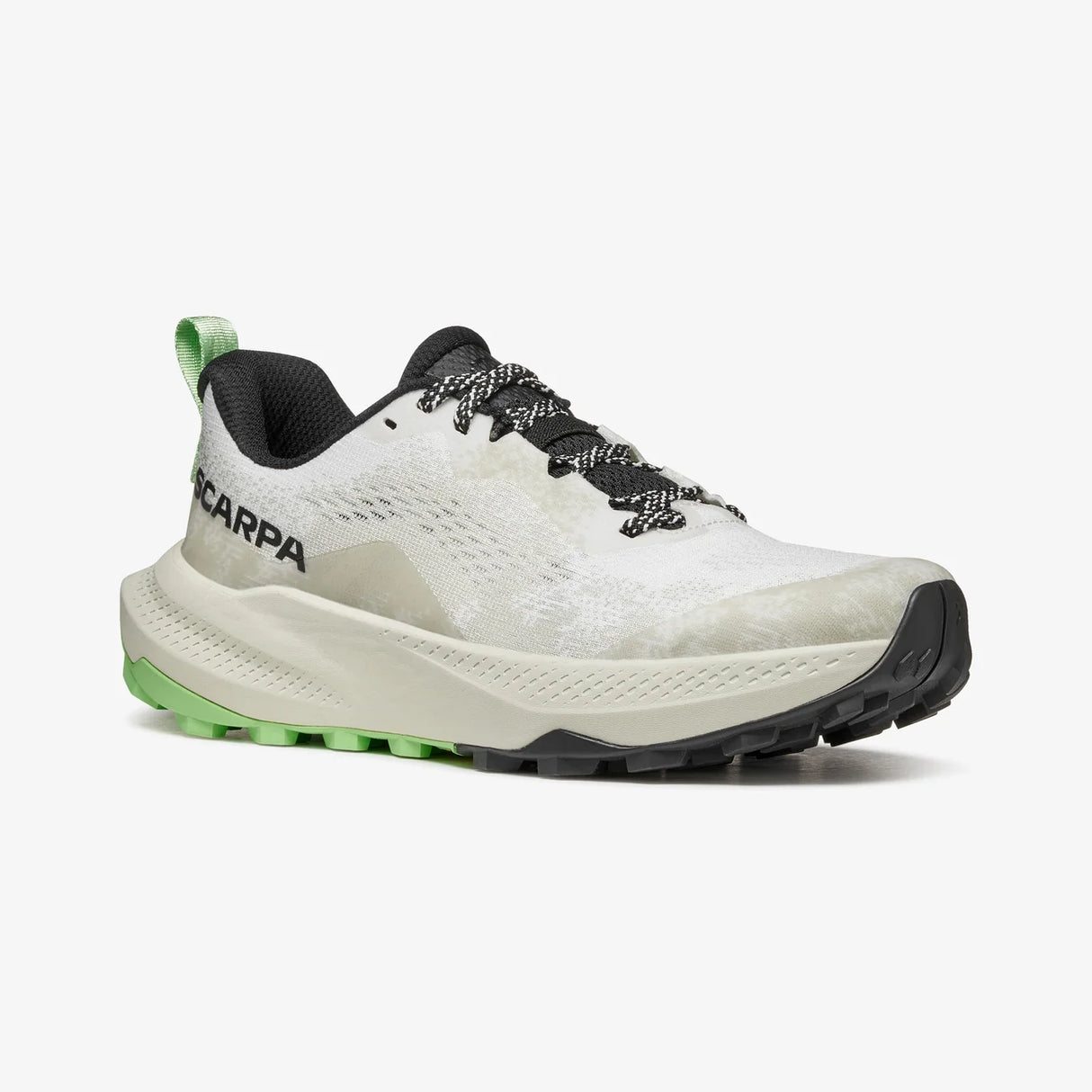 White running shoe with black and green accents on a white background - SCARPA Golden Gate LT (Women's) - White/Bright Aloe