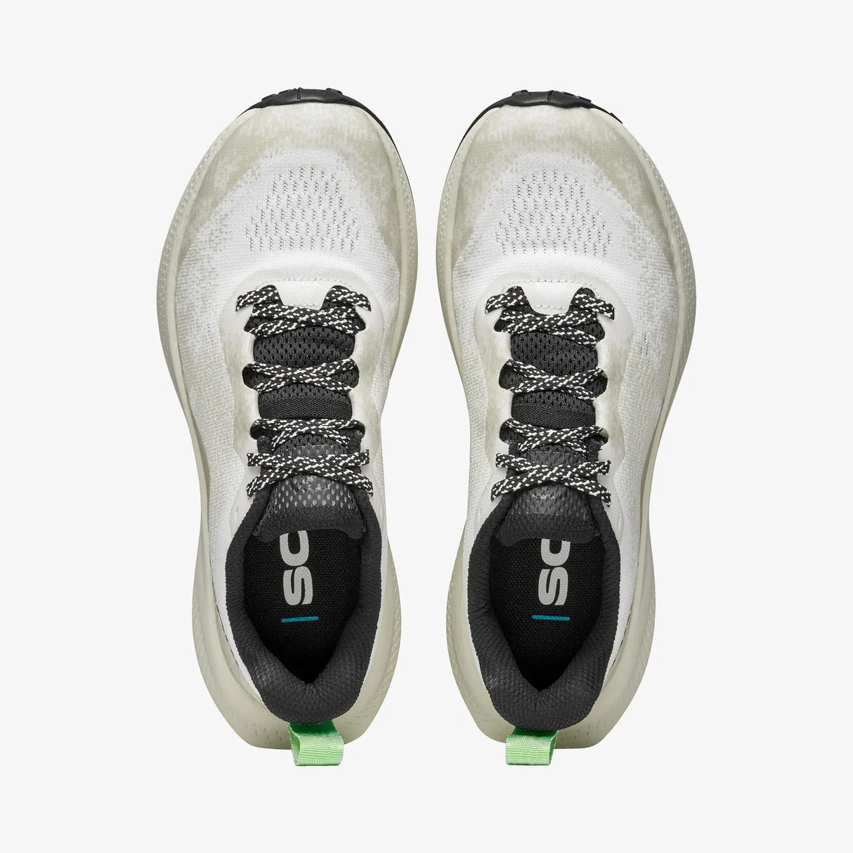 A pair of white and black running shoes shown from a top-down view on a light gray background. The shoes feature black and white patterned laces, a black interior lining with the 'sc' logo, and small green pull tabs at the heel. - SCARPA Golden Gate LT (Women's) - White/Bright Aloe