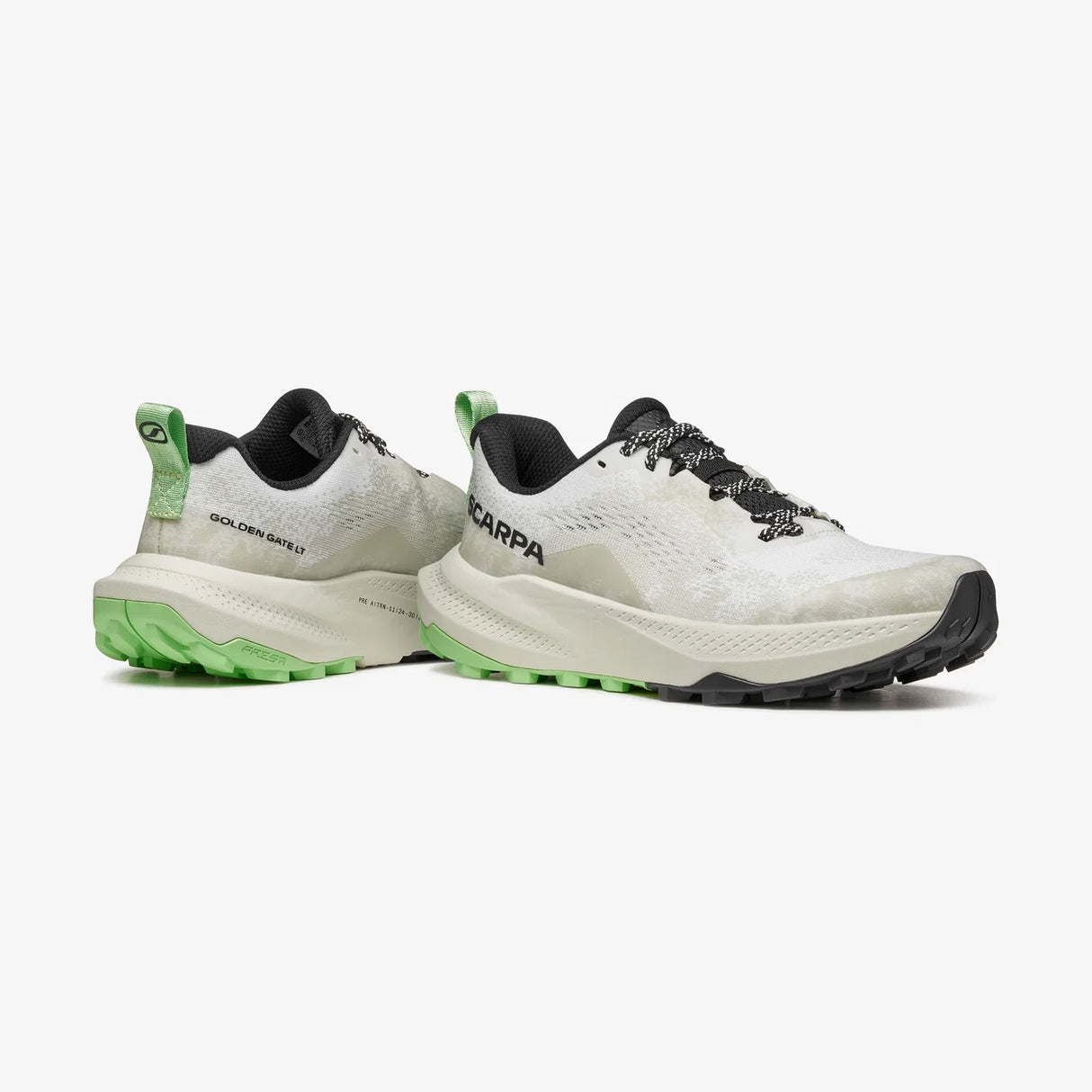 White and black running shoes with green accents on a white background - SCARPA Golden Gate LT (Women's) - White/Bright Aloe