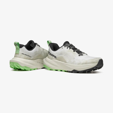White and black running shoes with green accents on a white background - SCARPA Golden Gate LT (Women's) - White/Bright Aloe