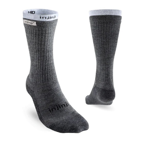 Pair of gray socks with 'injinji' branding on a white background - Injinji Outdoor Hiker + Liner (Men's) - Charcoal