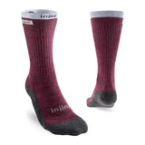 Pair of maroon socks with gray toes and cuffs on a white background - Injinji Outdoor Hiker +Liner (Women's) - Maroon