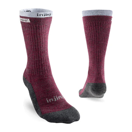 Pair of maroon socks with gray toes and cuffs on a white background - Injinji Outdoor Hiker +Liner (Women's) - Maroon
