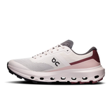 A side-profile view of an On running shoe in white, dusty rose, and gray, featuring the signature 'on' logo on the side and a thick cushioned sole. - On Cloudvista 3 Shoes (Women's) - Oyster/Barberry