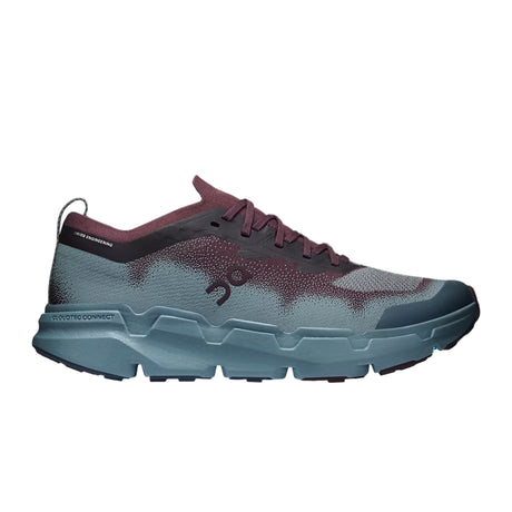 A single On running shoe shown in profile against a solid white background. The shoe features a textured knit upper in shades of slate blue-gray and deep burgundy, with a matching blue-gray midsole and a dark gray outsole. - On Cloudsoma Shoes (Men's) - Urchin/Agave