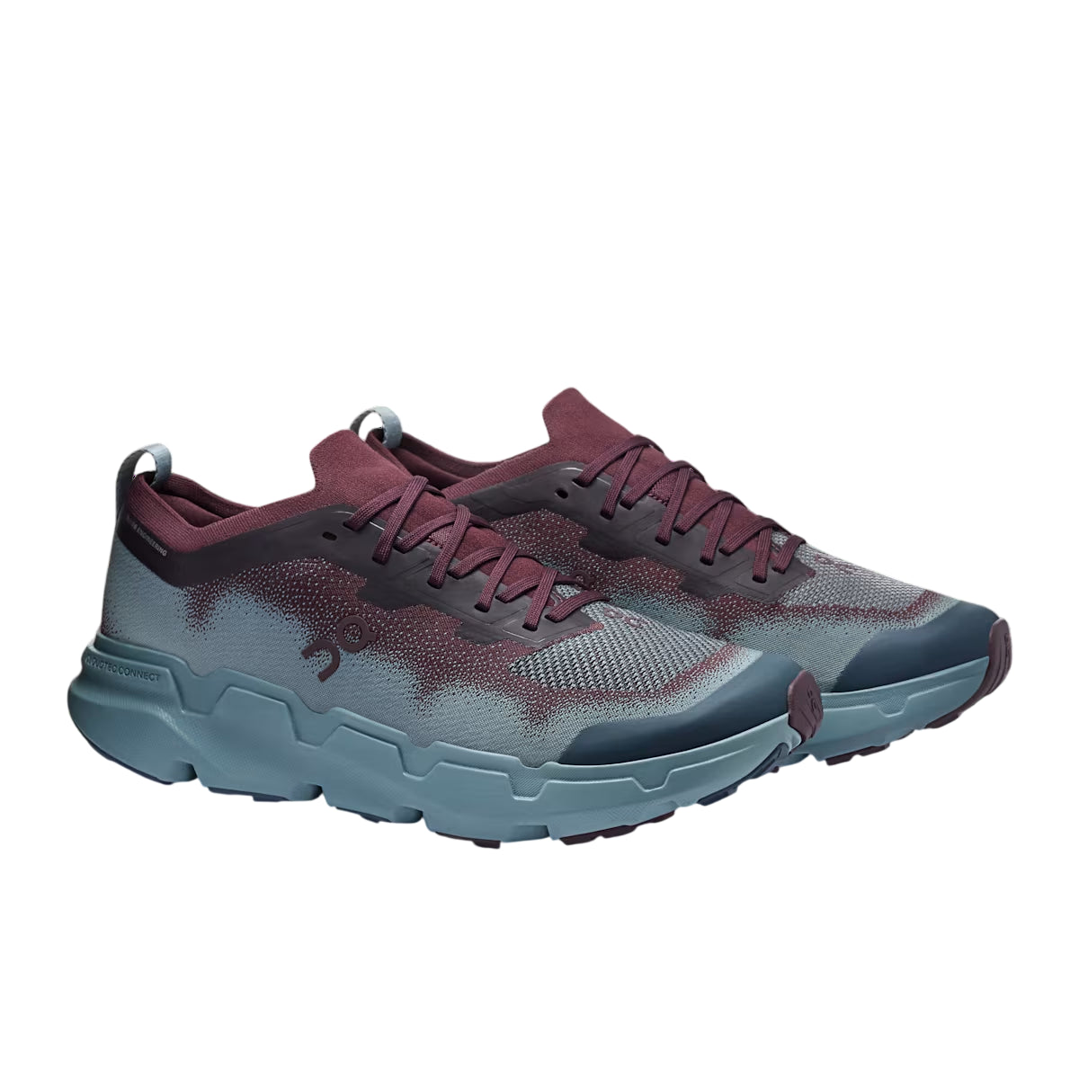 A pair of O'Neill running shoes in a gray and burgundy knit pattern with a slate blue midsole, shown against a plain white background. - On Cloudsoma Shoes (Men's) - Urchin/Agave