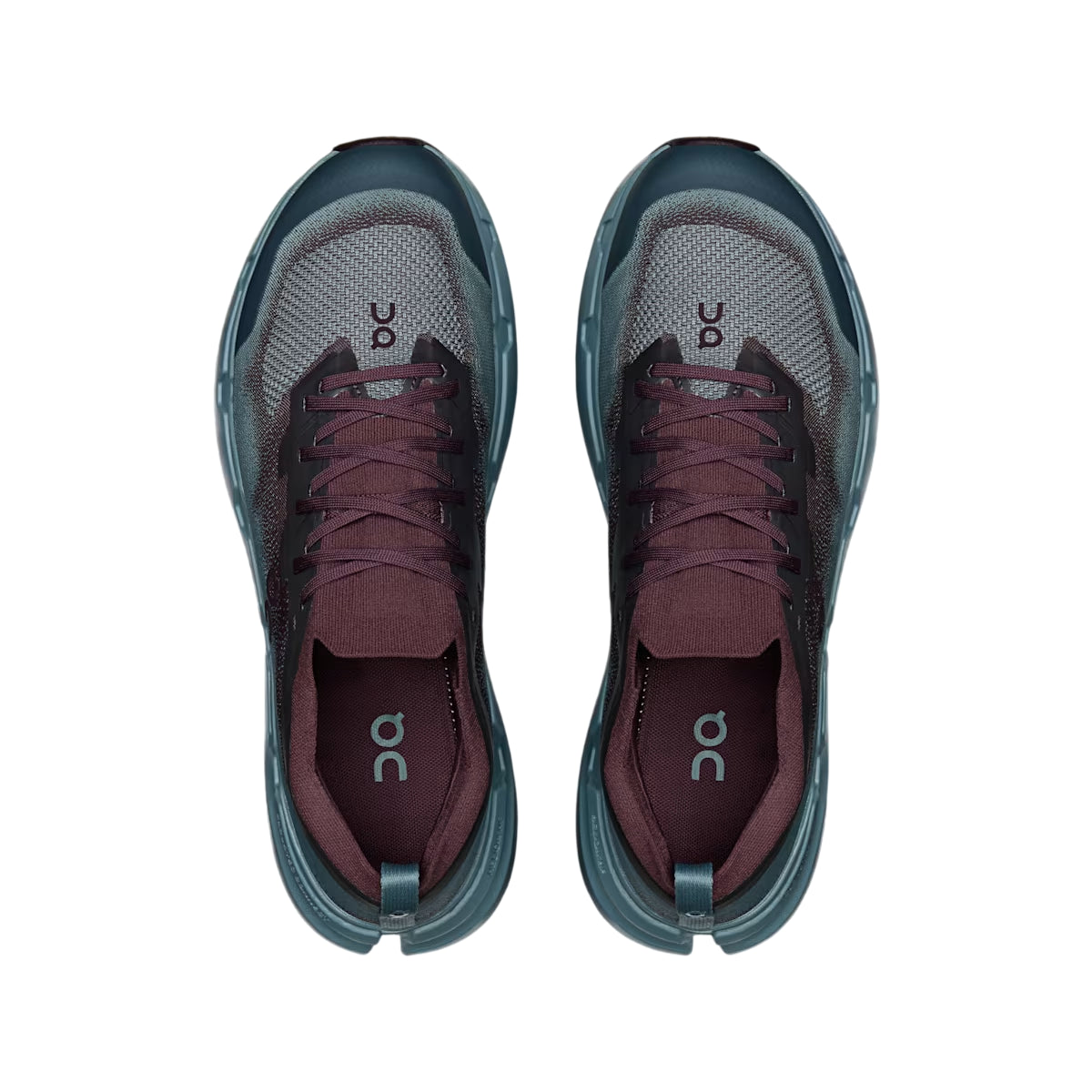 A pair of On running shoes shown from a top-down view, featuring a dark teal and gray mesh upper with burgundy laces and lining. - On Cloudsoma Shoes (Men's) - Urchin/Agave