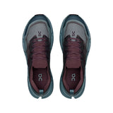 A pair of On running shoes shown from a top-down view, featuring a dark teal and gray mesh upper with burgundy laces and lining. - On Cloudsoma Shoes (Men's) - Urchin/Agave