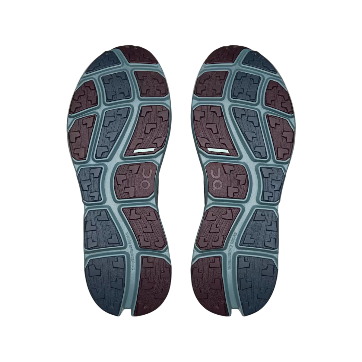 The outsoles of a pair of running shoes, showing a multi-colored geometric tread pattern in shades of dark teal, slate blue, and deep burgundy. The brand 'UON' is embossed on several sections of the sole. - On Cloudsoma Shoes (Men's) - Urchin/Agave