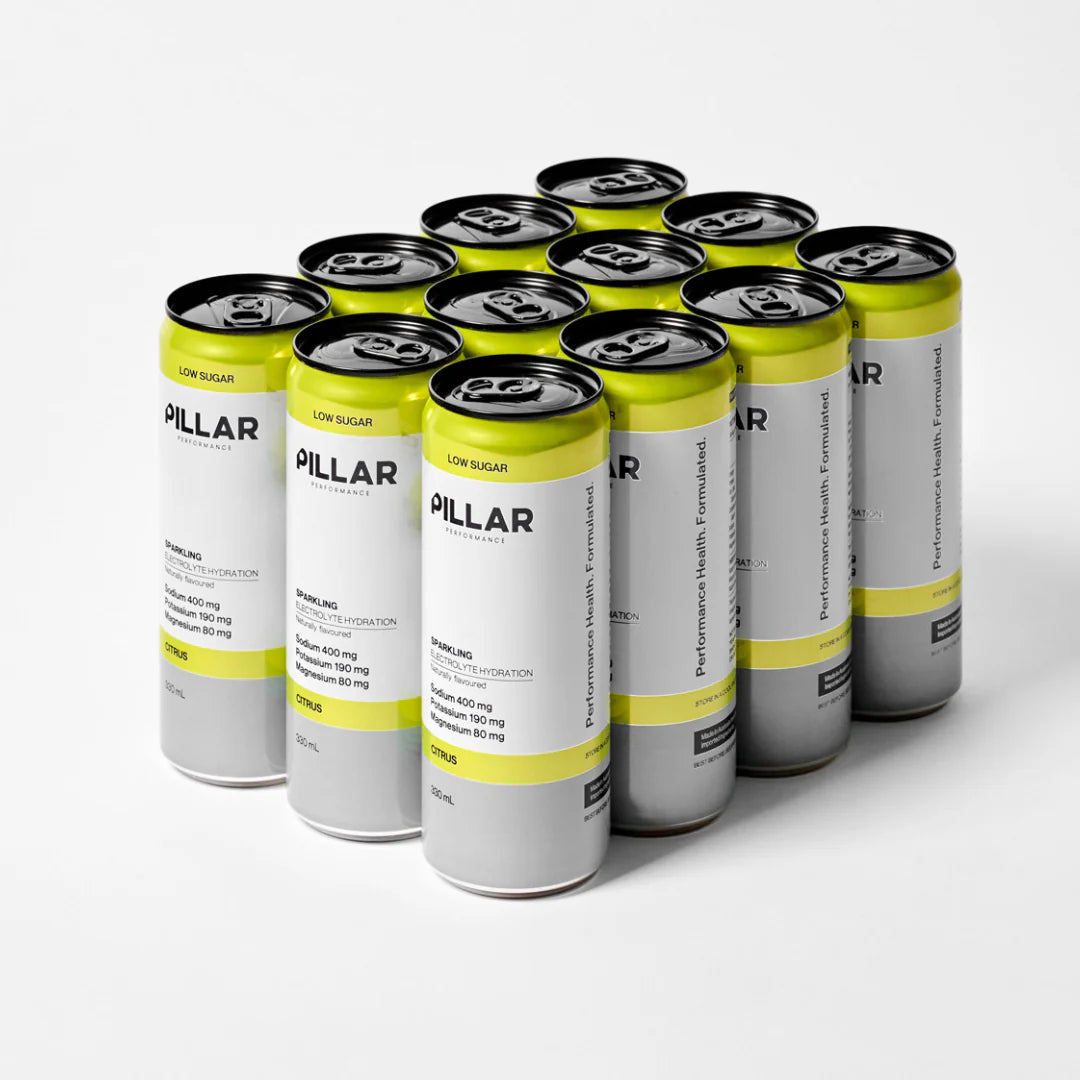 Multiple cans of Pillar energy drink arranged in a grid on a white background - Pillar Performance Sparkling Electrolyte Hydration - Citrus - 12 Pack