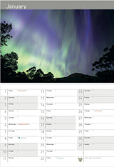 A January calendar page featuring a large photograph of the aurora borealis over a silhouetted hillside, with a grid of dates and day labels below. - Rob Blakers Tasmanian Landscapes Calendar