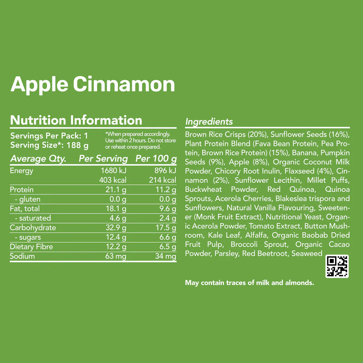 Radix Nutrition Breakfasts v9 Plant Based - 400kcal - Apple Cinnamon - Find Your Feet Australia Hobart Launceston Tasmania