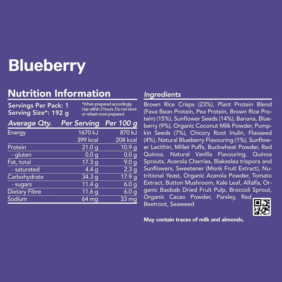 Radix Nutrition Breakfasts v9 Plant Based - 400kcal - Blueberry - Find Your Feet Australia Hobart Launceston Tasmania