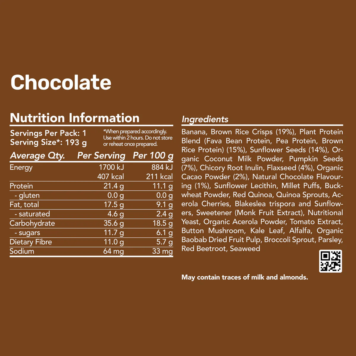 Radix Nutrition Breakfasts v9 Plant Based - 400kcal - Chocolate - Find Your Feet Australia Hobart Launceston Tasmania