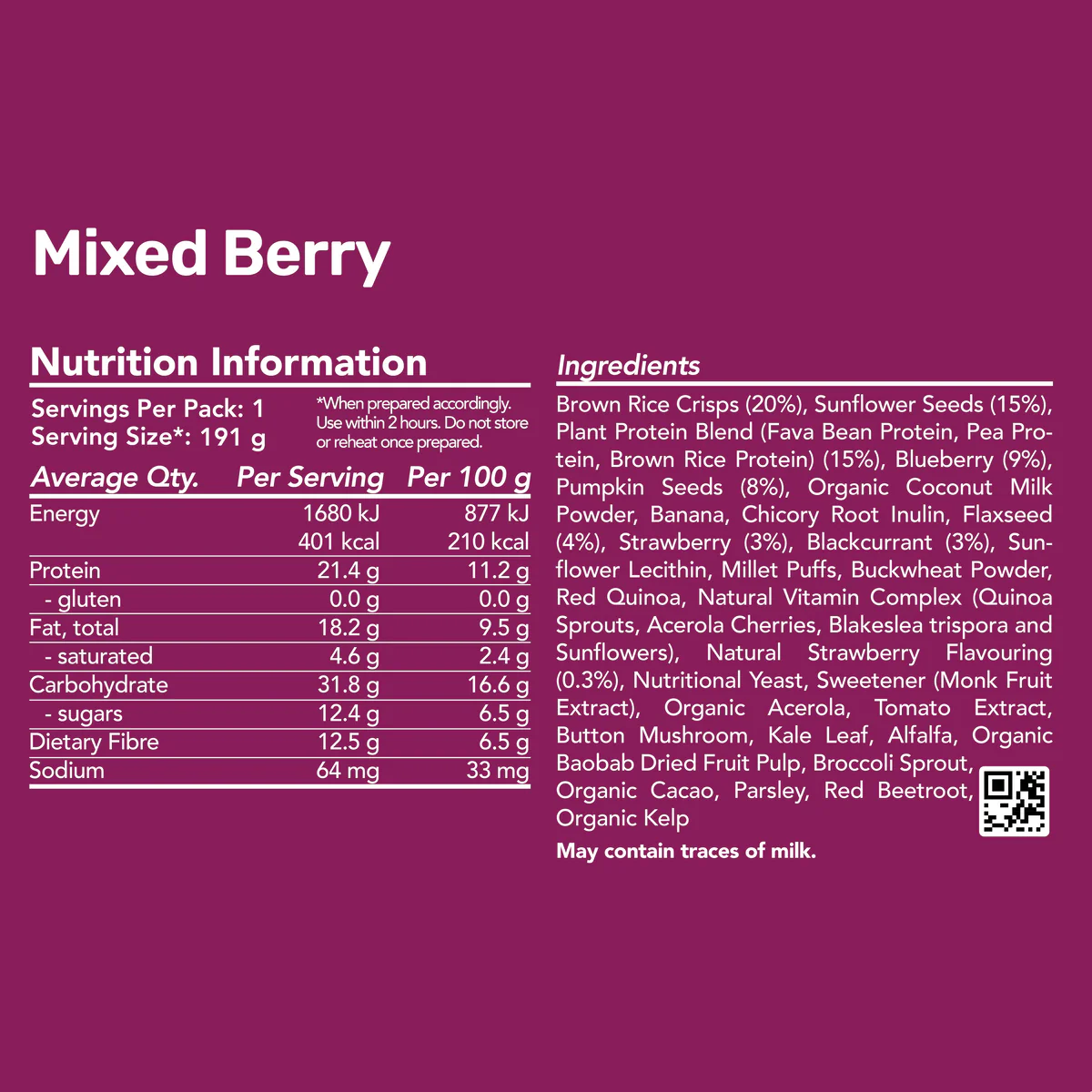 Radix Nutrition Breakfasts v9 Plant Based - 400kcal - Mixed Berry - Find Your Feet Australia Hobart Launceston Tasmania