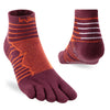 Pair of maroon and orange toe-separated socks with 'injinji' branding on a white background. - Injinji Ultra Run Mini Crew Toesocks (Unisex) - Mahogany