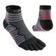 Pair of gray and black toe-separated socks with red accents on a white background - Injinji Ultra Run Mini Crew Toesocks (Unisex) - Onyx