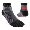 Pair of gray and black toe-separated socks with red accents on a white background - Injinji Ultra Run Mini Crew Toesocks (Unisex) - Onyx