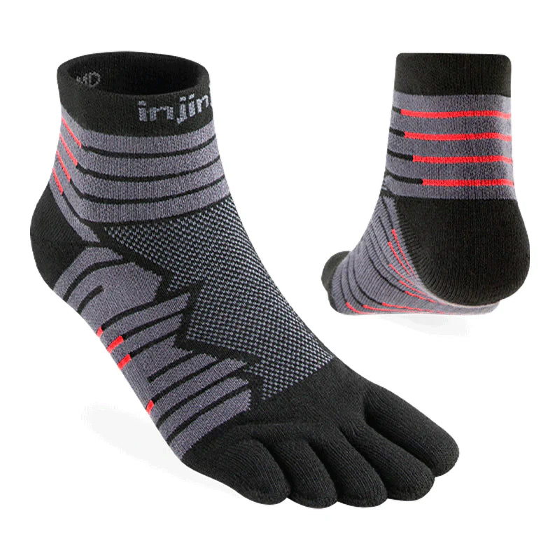 Pair of gray and black toe-separated socks with red accents on a white background - Injinji Ultra Run Mini Crew Toesocks (Unisex) - Onyx