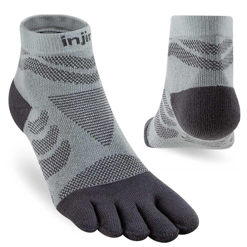 Pair of gray and black toe-separated socks with 'injinji' branding on a white background. - Injinji Ultra Run Mini Crew Toesocks (Women's) - Slate