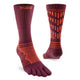 Pair of maroon and orange toe-separated socks on a white background - Injinji Ultra Run Crew Toesocks (Unisex) - Mahogany