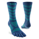 Pair of blue and green striped toe-separated socks on a white background - Injinji Ultra Run Crew Toesocks (Women's) - Poseidon