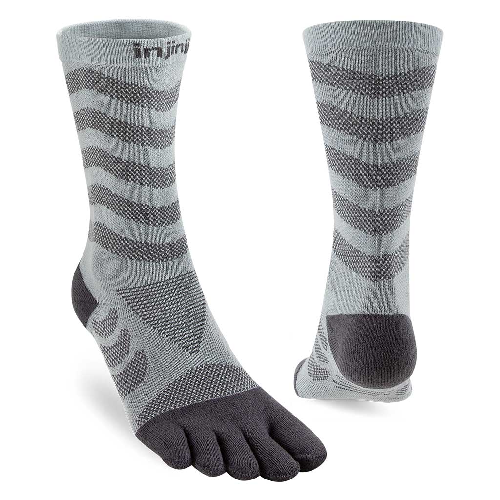 Pair of gray and black toe-separated socks on a white background - Injinji Ultra Run Crew Toesocks (Women's) - Slate