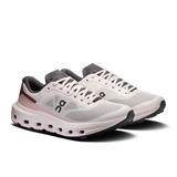 A pair of On running shoes in white and light pink with dark gray accents, displayed on a clean white background. - On Cloudvista 3 Shoes (Women's) - Oyster/Barberry