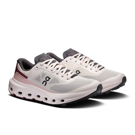 A pair of On running shoes in white and light pink with dark gray accents, displayed on a clean white background. - On Cloudvista 3 Shoes (Women's) - Oyster/Barberry