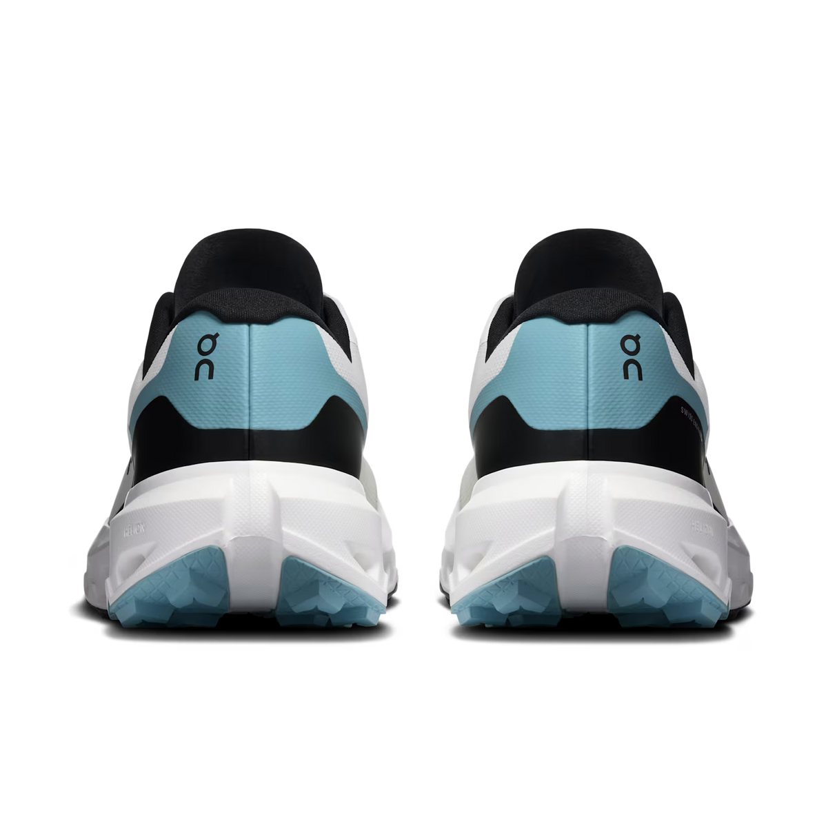 Rear view of a pair of On running shoes in black, white, and light blue, showing the heel counter, logo, and sole details on a white background. - On Cloudvista 3 Shoes (Men's) - Ivory/Wash