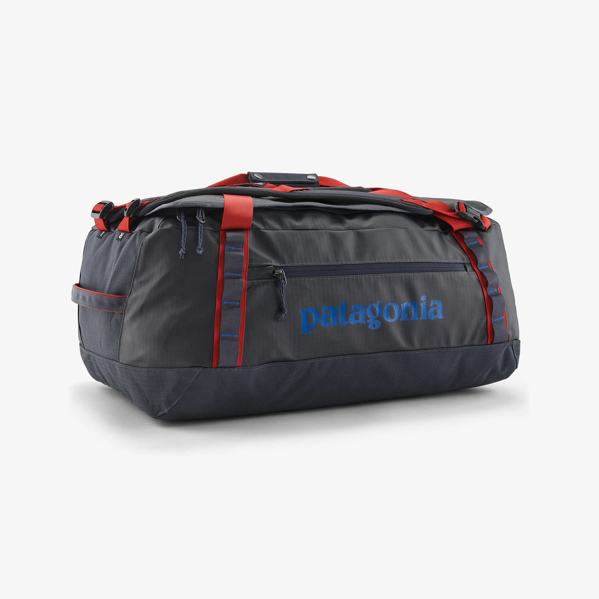 Gray duffel bag with red accents and Patagonia logo on a white background - Patagonia Black Hole Duffel 55L - Smolder Blue w/Amanita Red