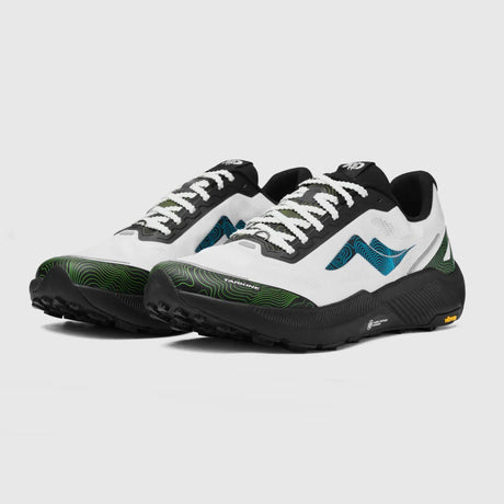 A pair of trail running shoes in white, black, and green, featuring a textured black outsole, white laces, and a teal wave graphic on the side, set against a light gray background. - Tarkine Trail Devil 3 Shoes (Women's) - Apex White