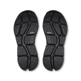 A pair of black athletic shoe soles shown from a top-down view on a white background, featuring a segmented tread pattern with a small light blue accent stripe. - On Cloudsoma Shoes (Women's) - Black/black