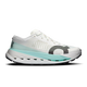 A white On running shoe with a light blue midsole accent, a dark gray textured heel overlay, and a black outsole, shown from a side profile on a white background. - On Cloudultra Pro Shoes (Men's) - Ivory/Celeste