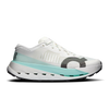 A white On running shoe with a light blue midsole accent, a dark gray textured heel overlay, and a black outsole, shown from a side profile on a white background. - On Cloudultra Pro Shoes (Men's) - Ivory/Celeste