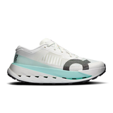 A white On running shoe with a light blue midsole accent, a dark gray textured heel overlay, and a black outsole, shown from a side profile on a white background. - On Cloudultra Pro Shoes (Men's) - Ivory/Celeste