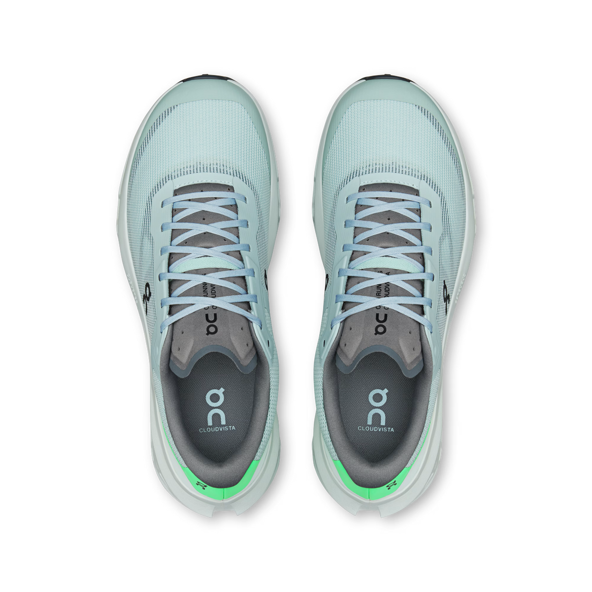 A pair of light mint green running shoes shown from a top-down view on a solid white background. The shoes feature a textured knit upper, matching laces, a dark gray collar, and a bright green accent on the midsole heel. - On Cloudvista 3 Shoes (Men's) - Brook/Verdite