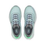 A pair of light mint green running shoes shown from a top-down view on a solid white background. The shoes feature a textured knit upper, matching laces, a dark gray collar, and a bright green accent on the midsole heel. - On Cloudvista 3 Shoes (Men's) - Brook/Verdite