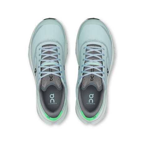 A pair of light mint green running shoes shown from a top-down view on a solid white background. The shoes feature a textured knit upper, matching laces, a dark gray collar, and a bright green accent on the midsole heel. - On Cloudvista 3 Shoes (Men's) - Brook/Verdite