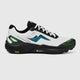 A white and black trail running shoe with green and blue topographic pattern accents, featuring a black Vibram sole, shown from a side profile on a light gray background. - Tarkine Trail Devil 3 Shoes (Men's) - Apex White