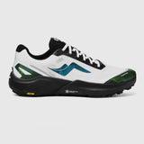 A white and black trail running shoe with green and blue topographic pattern accents, featuring a black Vibram sole, shown from a side profile on a light gray background. -Tarkine Trail Devil 3 Shoes (Women's) - Apex White