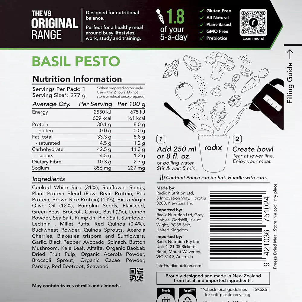 Radix Nutrition Main Meals v9 Plant Based - Original Range 600 - Basil Pesto - Find Your Feet Australia Hobart Launceston Tasmania