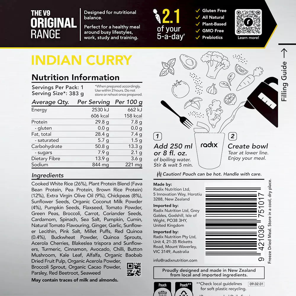 Radix Nutrition Main Meals v9 Plant Based - Original Range 600 - Indian Curry - Find Your Feet Australia Hobart Launceston Tasmania
