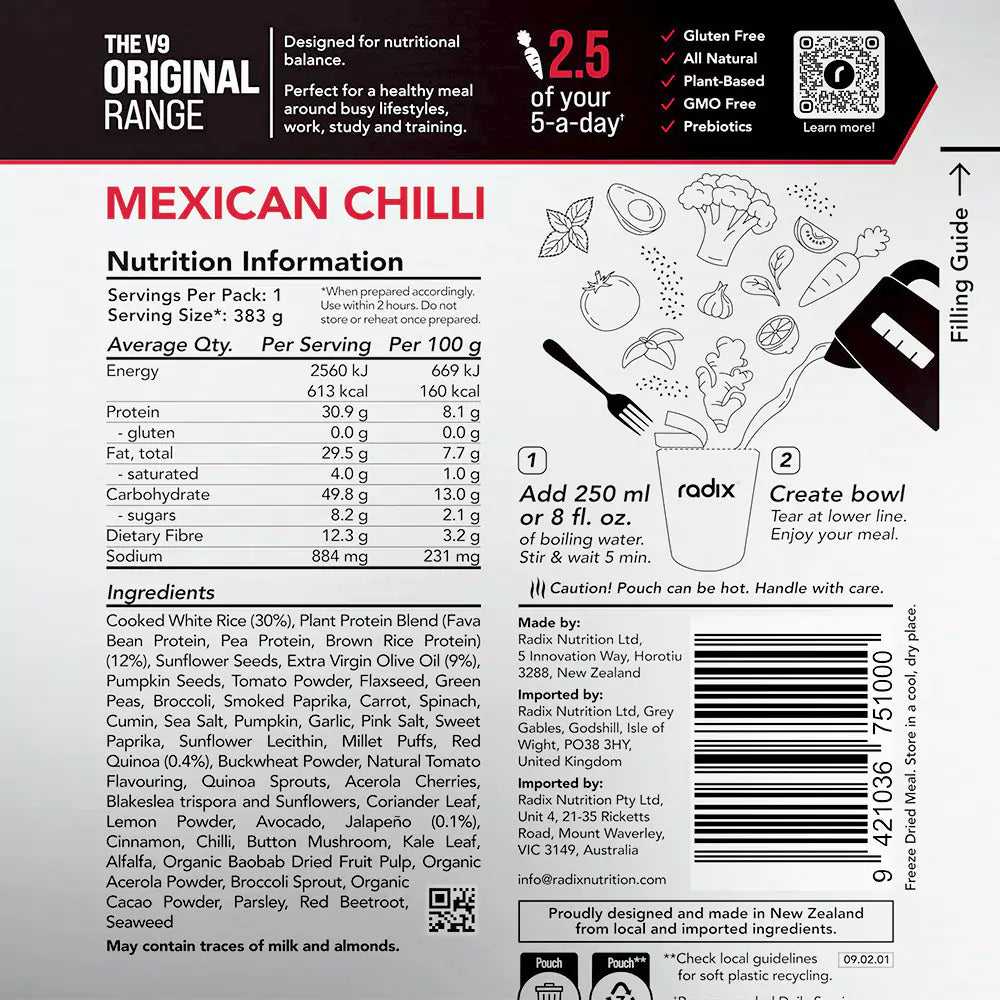 Radix Nutrition Main Meals v9 Plant Based - Original Range 600 - Mexican Chilli - Find Your Feet Australia Hobart Launceston Tasmania