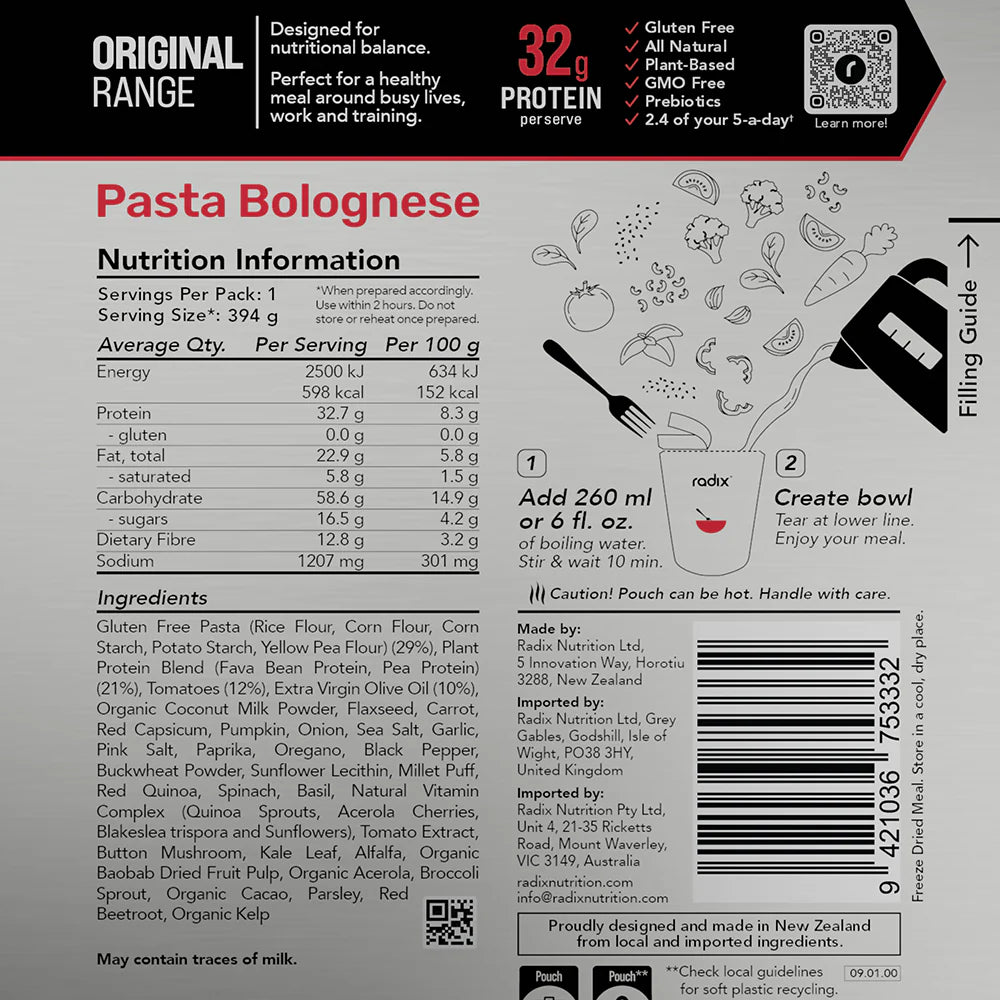 Radix Nutrition Main Meals v9 Plant Based - Original Range 600 - Pasta Bolognese - Find Your Feet Australia Hobart Launceston Tasmania