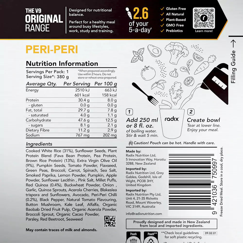 Radix Nutrition Main Meals v9 Plant Based - Original Range 600 - Peri-Peri - Find Your Feet Australia Hobart Launceston Tasmania